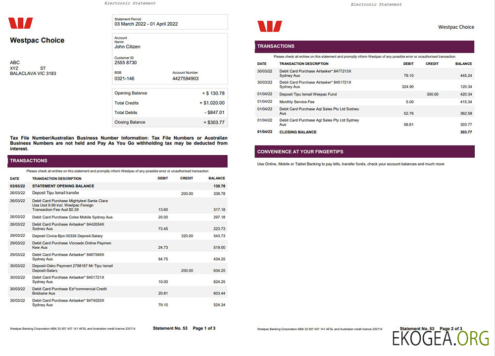Relevé de la Westpac Bank Australie 3 pages